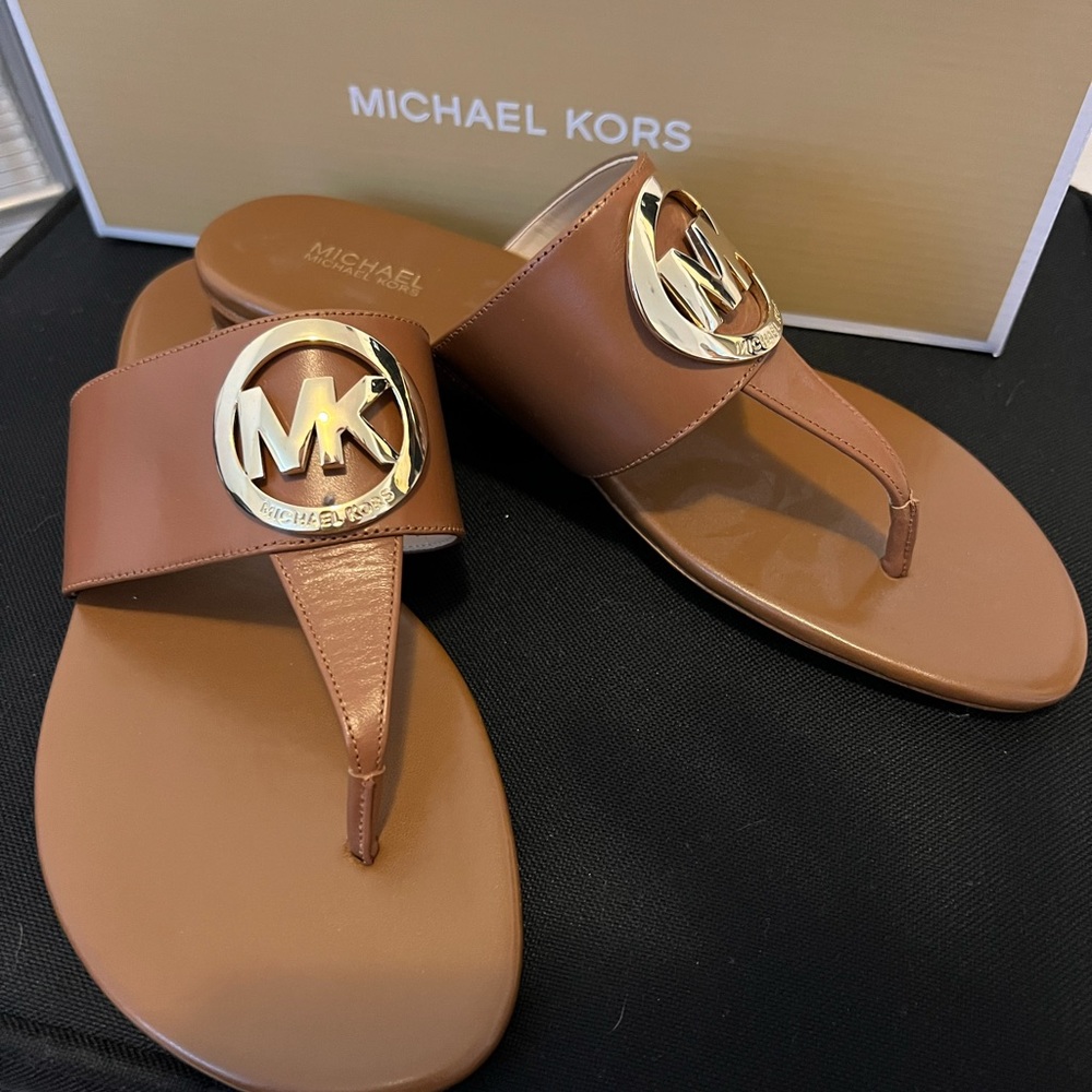 MK brown and gold leather sandals